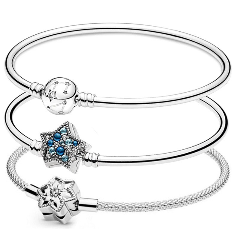 Original Moments Bright Snowflake Stars &amp; Galaxy Clasp Bangle Fit 925 Sterling Silver Bracelet Bead Charm DIY Jewelry