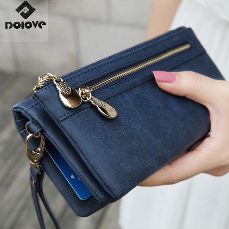 Women Wallets Dull Polish Leather Wallet Double Zipper Day Clutch Purse Wristlet Portefeuille Handbags Carteira Feminina