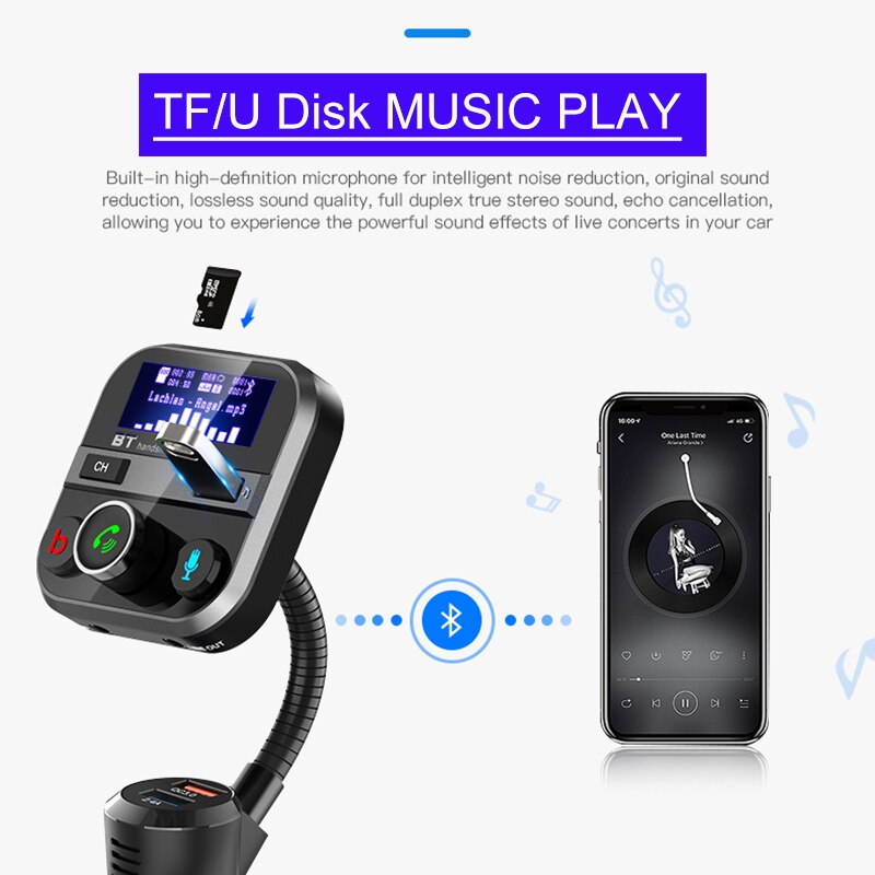Bluetooth 5,0 Hände Geben Anruf in-Auto FM Sender Auto Bausatz Dual USB QC 3,0 schnell aufladen TF U disk Mp3 Spieler Ein Schlüssel Bass Musik