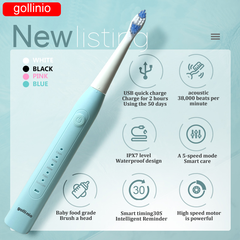 Gollinio Electric Toothbrush usb fast charging GL09F Adult teeth brush Rechargeable smart Replacement Head