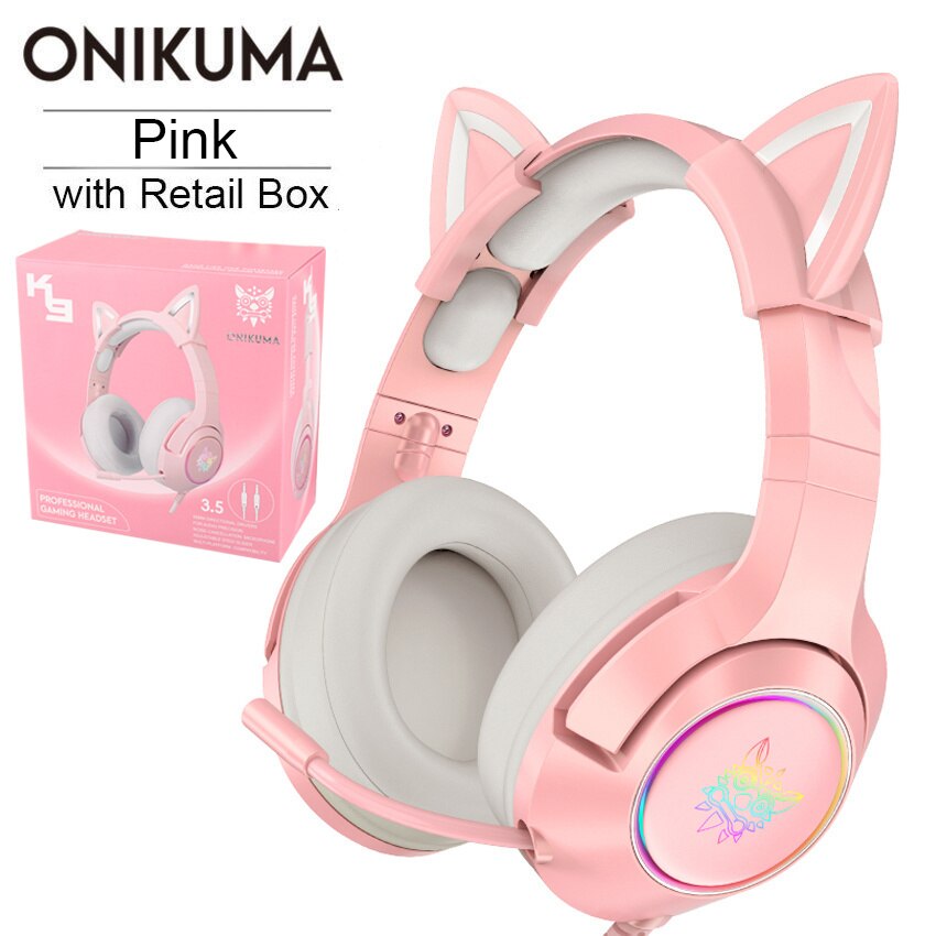 Onikuma K9 Gaming Headset Casque Leuke Meisje Roze Kat Oor Stereo Hoofdtelefoon Met Mic &amp; Led Licht Voor Laptop Computer gamer: Pink with Box