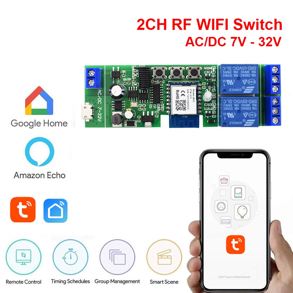 Smart Garage Door Opener RF WiFi Switch Sliding Gate Controller Work With Alexa Google Home SmartLife Tuya APP Remote Control: 2ch 7-32V