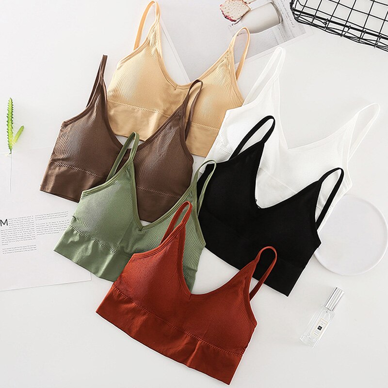 Women Summer Seamless Bras Cotton Crop Tops Bralette Solid Color Bra Deep V Sexy Comfortable Wire Free Underwear