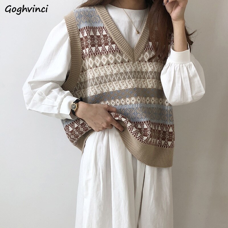 Chalecos mujer cuello pico Patchwork estilo pijo Coreano todo-fósforo mujer suelta Harajuku Chic sin mangas suéteres prendas de vestir Casual