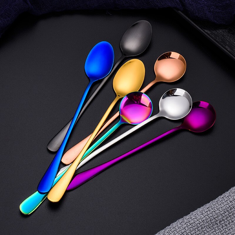 Colorful Stainless Steel Round Head Shaped Long Handle Spoon Flatware Drinking Tools Kitchen Gadget Coffee Fruit Teaspoon