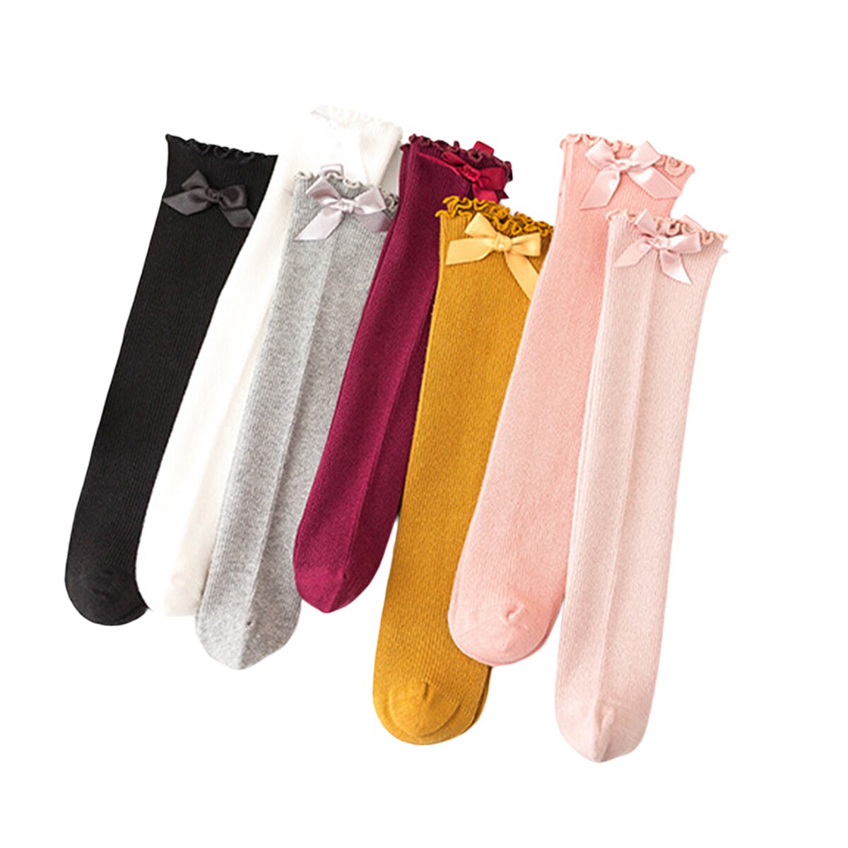 Toddler Girls Knee High Socks Cute Bowknot Cotton Comfort Long Socks Ruffle Edge Stockings