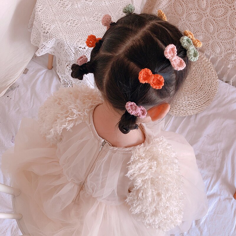 Lazos de ganchillo de lana para niños pequeños, lazos para el pelo, cuerda de fieltro de flores de madera, cintas para el pelo para niñas sonrientes, accesorios para el cabello, 10 unids/set por juego