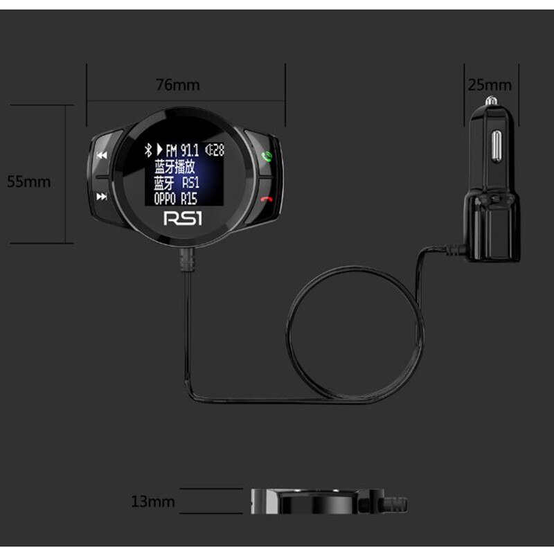 Multifunctional Vehicle Charger RS1 Wireless Bluetooth FM Transmitter Hands Free Car Kit Large Display MP3 Player USB Charger