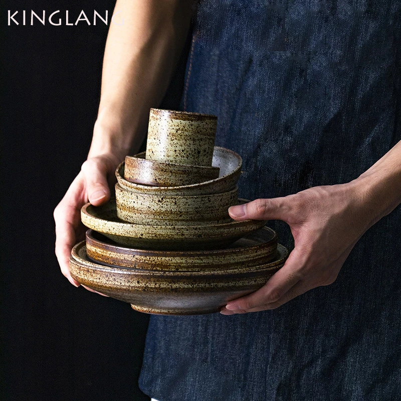 KINGLANG piatti e piatti in ceramica retrò piatti opachi piatti da tè di colore naturale piatti ruggine in gres