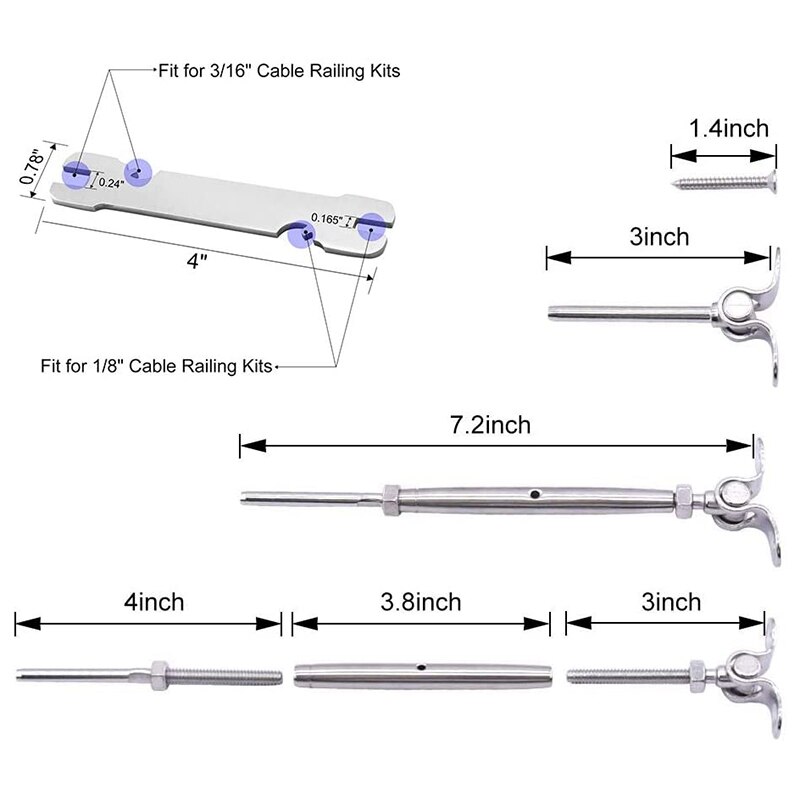 6 Pack T316 Stainless Steel Cable Railing Kits Fit 1/8Inch Stainless Steel Wire Rope Cable for Cable Railing Systems