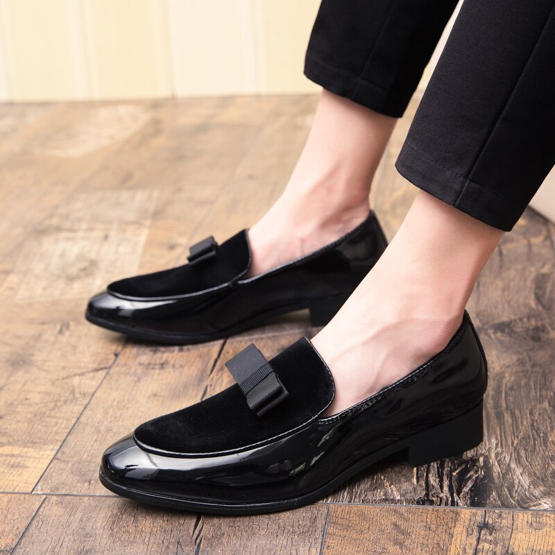Vusuvon herr formella skor bowknot bröllopsklänning herrar lägenheter fritidsskor svart blå lack slip on mocka loafers herr sko