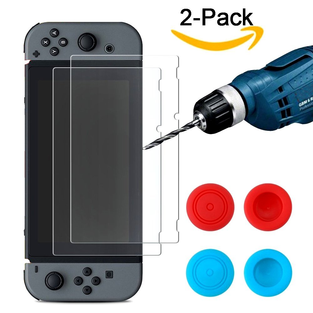 2 pces para o protetor de vidro moderado premium da tela do interruptor de nintend para a proteção 9h do filme do ns do interruptor de nintendo com tampões dos apertos do polegar