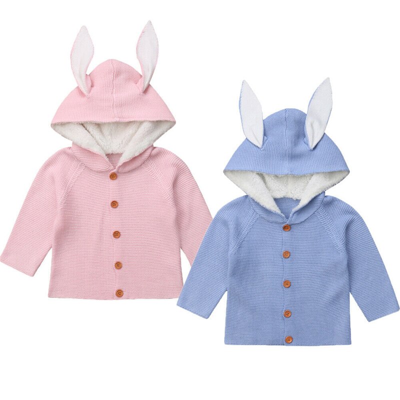 Newborn Toddler Baby Girls Boy Knitted Sweater Cardigans Single Breasted Coat Hooded Rabbit Ear Outerwear