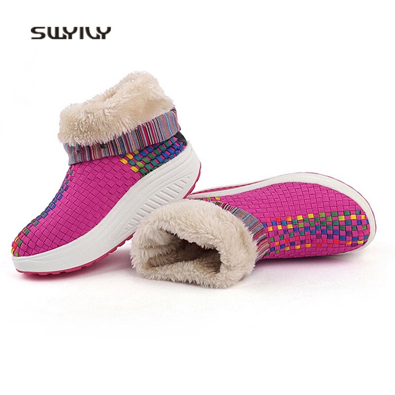 SWYIVY Women Toning Shoes Winter Warm Velvet Hand-woven Swing Shoes Chinese Style Platform Soft Slimming Shoes For Females