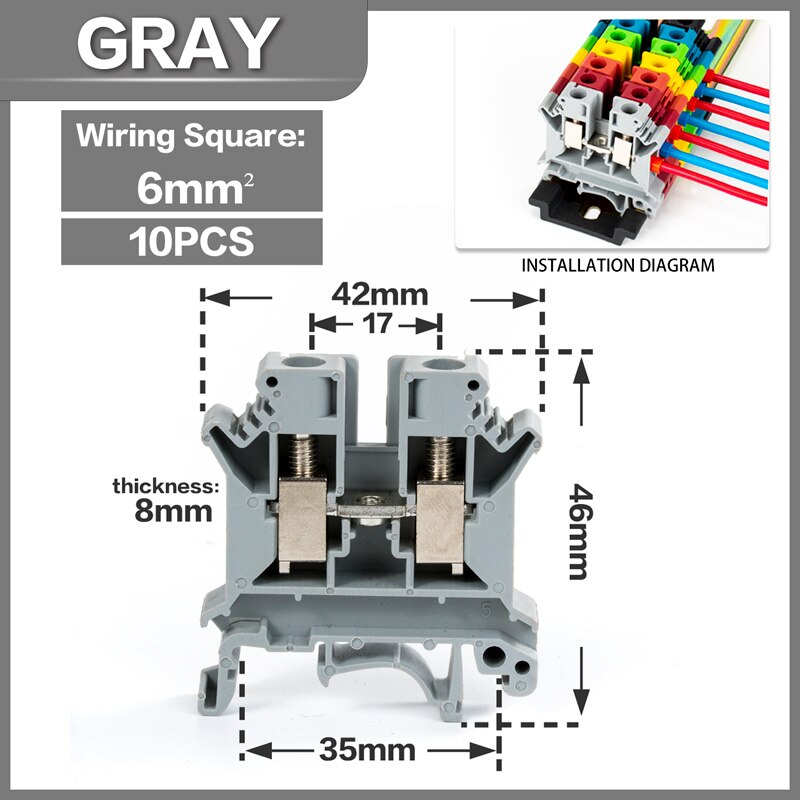 10Pcs Din Rail Terminal Block UK-6N Connductor Universal Class Screw Wire Connector Strips Disassemble assembly: Gray-10PCS