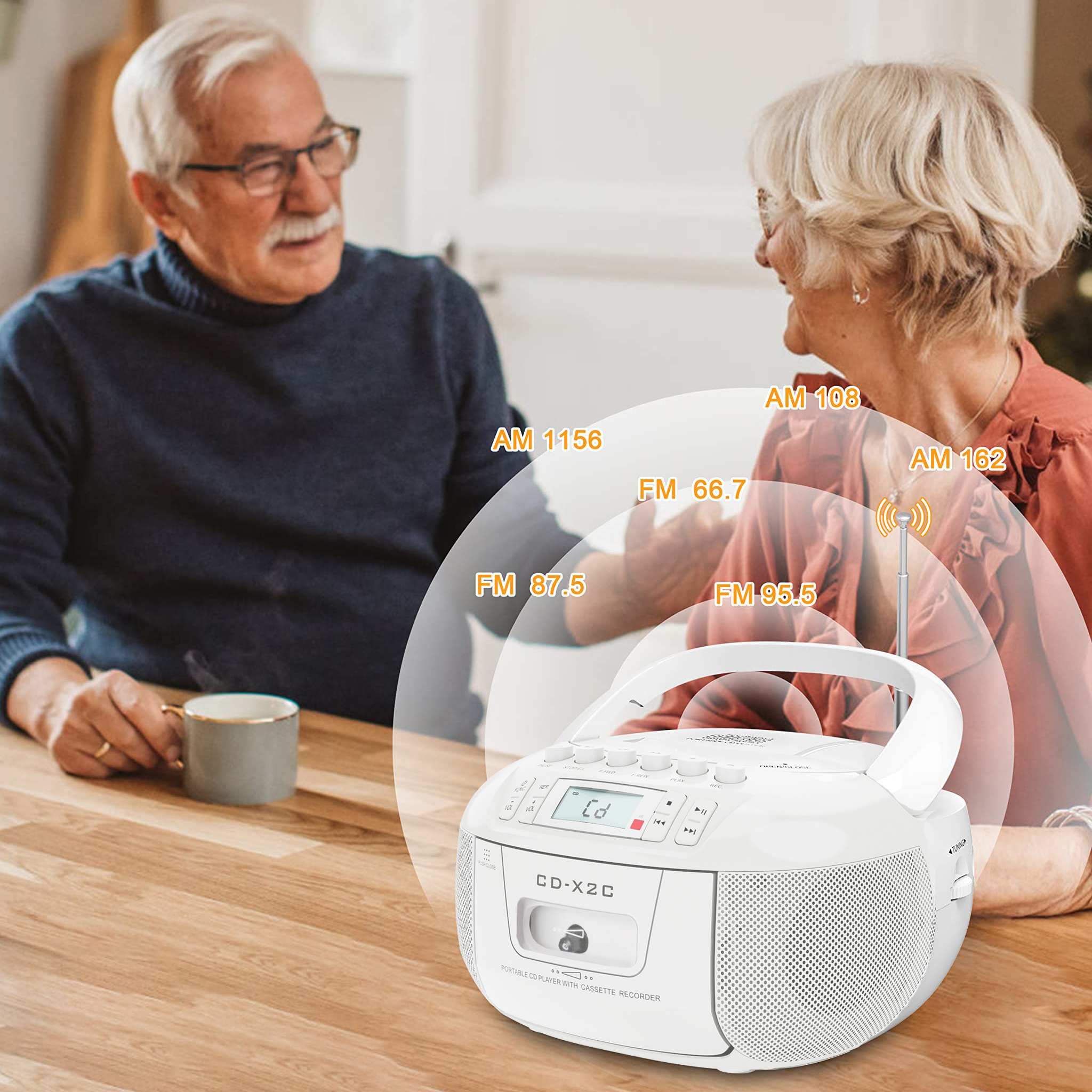 Combo boombox de casete de CD con radios Bluetooth y AM FM, grabadora de cinta de CD portátil con USB, alimentación CC CA