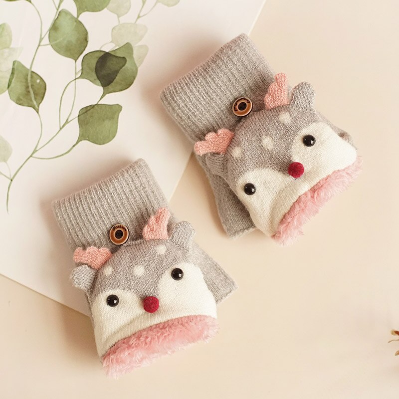 Kinderen Winter Handschoenen Kerst Leuke Cartoon Elanden Flip Halve Vinger Wanten Voor Meisje Jongen Kids Warme Pluche Gevoerd Vingerloze handschoenen: Gray