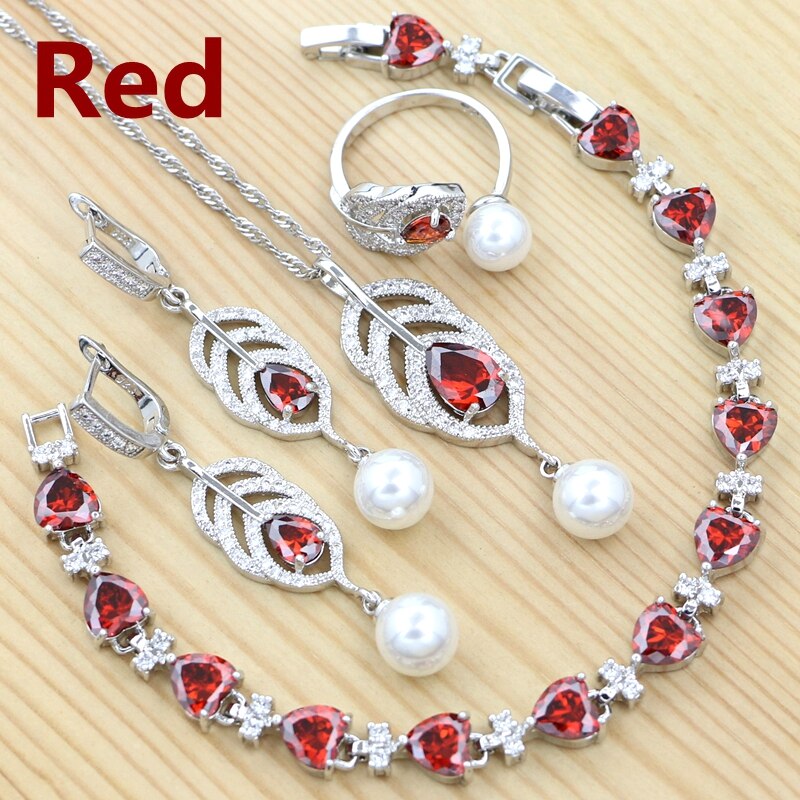 925 silber Schmuck-Set Für Frauen Engagement Blau Stein Weiß Perle Herz Form Armband Halskette Anhänger Ohrringe Offenen Ring: Rot