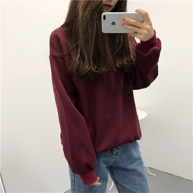 Sudaderas mujer harajuku solid sweatshirt kvinder langærmet hættetrøje løs kvinder hættetrøjer sweatshirts afslappet træningsdragt: Rødvin