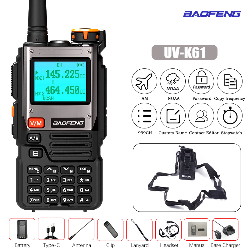 Baofeng-UV-K61 Walkie Talkie, Multi Band, Frequência de cópia sem fio, 999CH, carregador tipo C, UHF, VHF, NOAA, UV-5R, UV K6, K: Preto / EURO