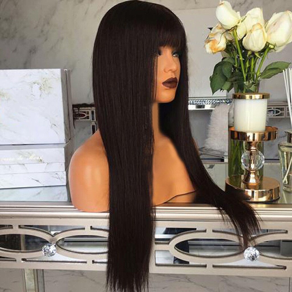 Largo negro recto pelucas peluca para mujer afroamericana Peluca de pelo sintético con flequillo negro Natural del pelo recto pelucas para mujeres # g30