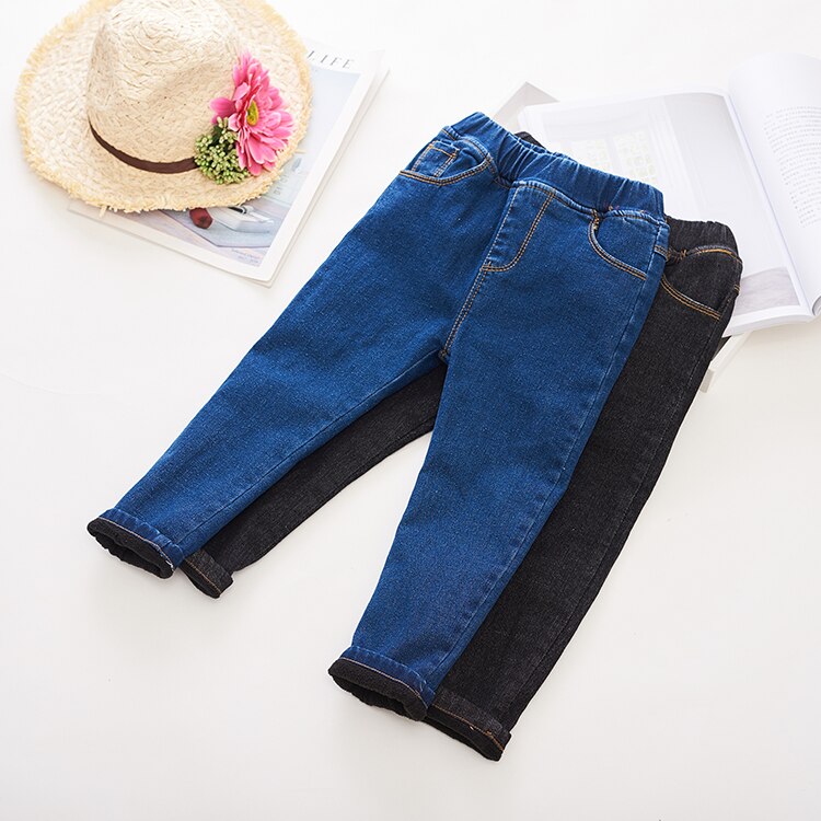 Piger vinter denim bukser børn børn baby koreansk casual plus velour jeans varme lange bukser