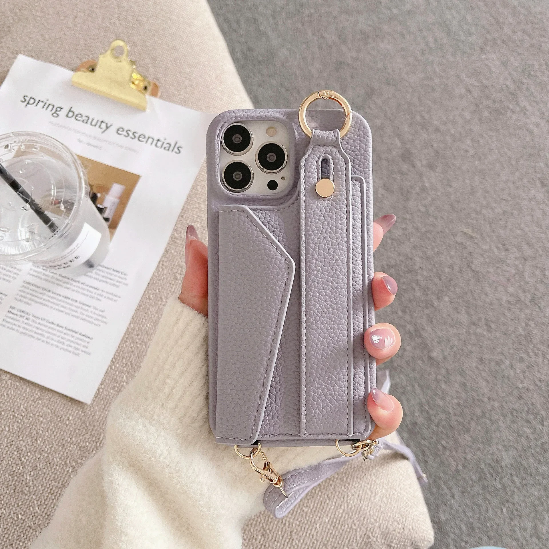 Voor iPhone 16 Polsband Ring Portemonnee met kaartsleufhouder Telefoonhoesje voor iPhone 15 Plus Pro Max Crossbody lederen hoes