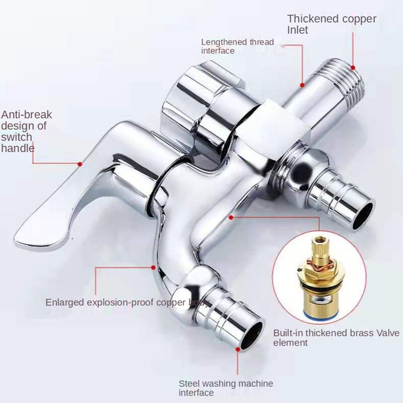 Robinet spécial pour Machine à laver, 1 entrée et 2 sorties, double usage, 4 Points, tout en cuivre, robinet de piscine à vadrouille allongée