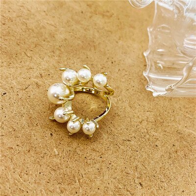 HUANZHI Vintage Old Metal Inlaid Pearl Geometric Irregular Modeling Adjustable Opening Ring for Women Party Jewelry: A