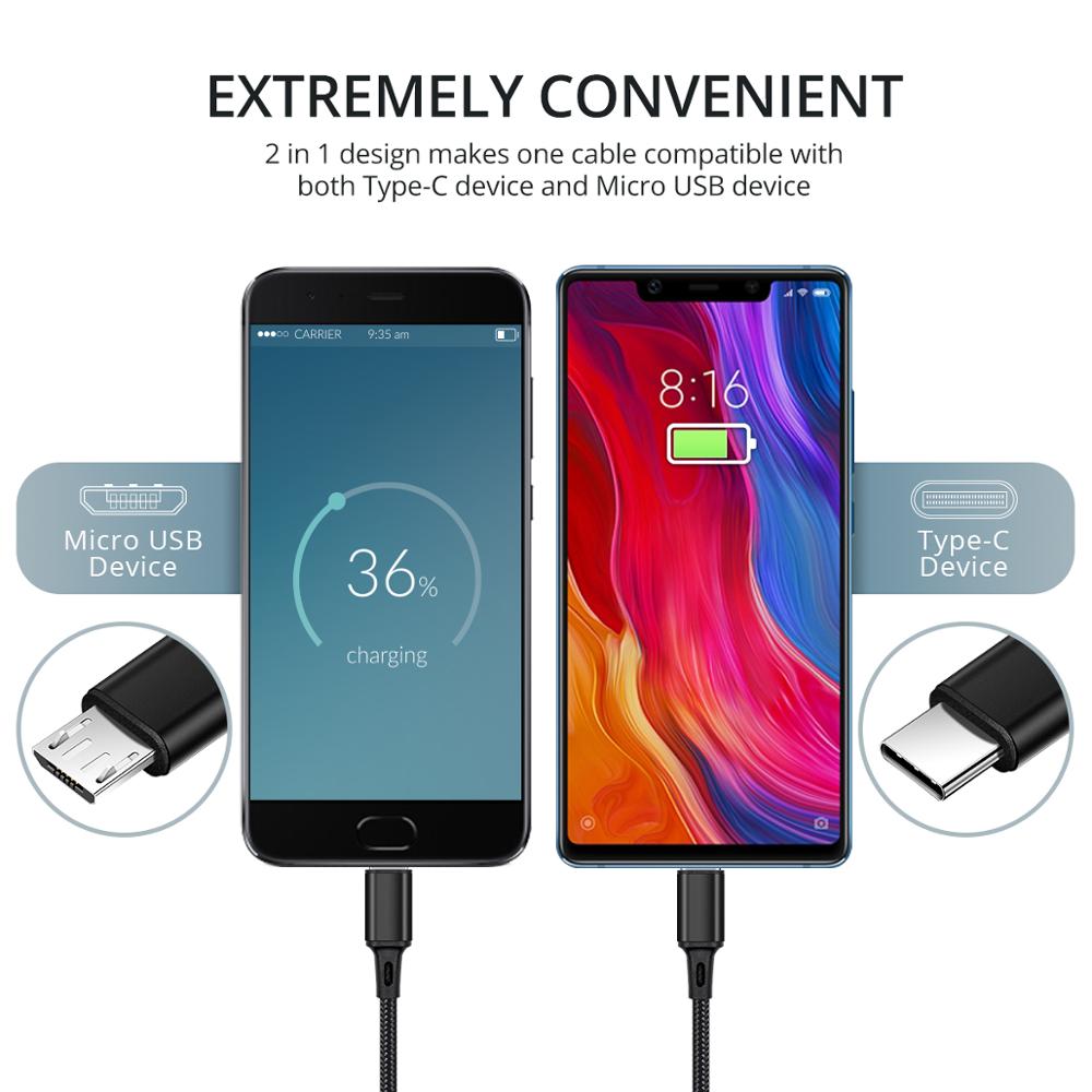 FONKEN 2 で 1 USB ケーブルタイプ C マイクロ USB 高速充電ワイヤ 1 メートル個別 USB C ナイロン編組 android の携帯電話ケーブル