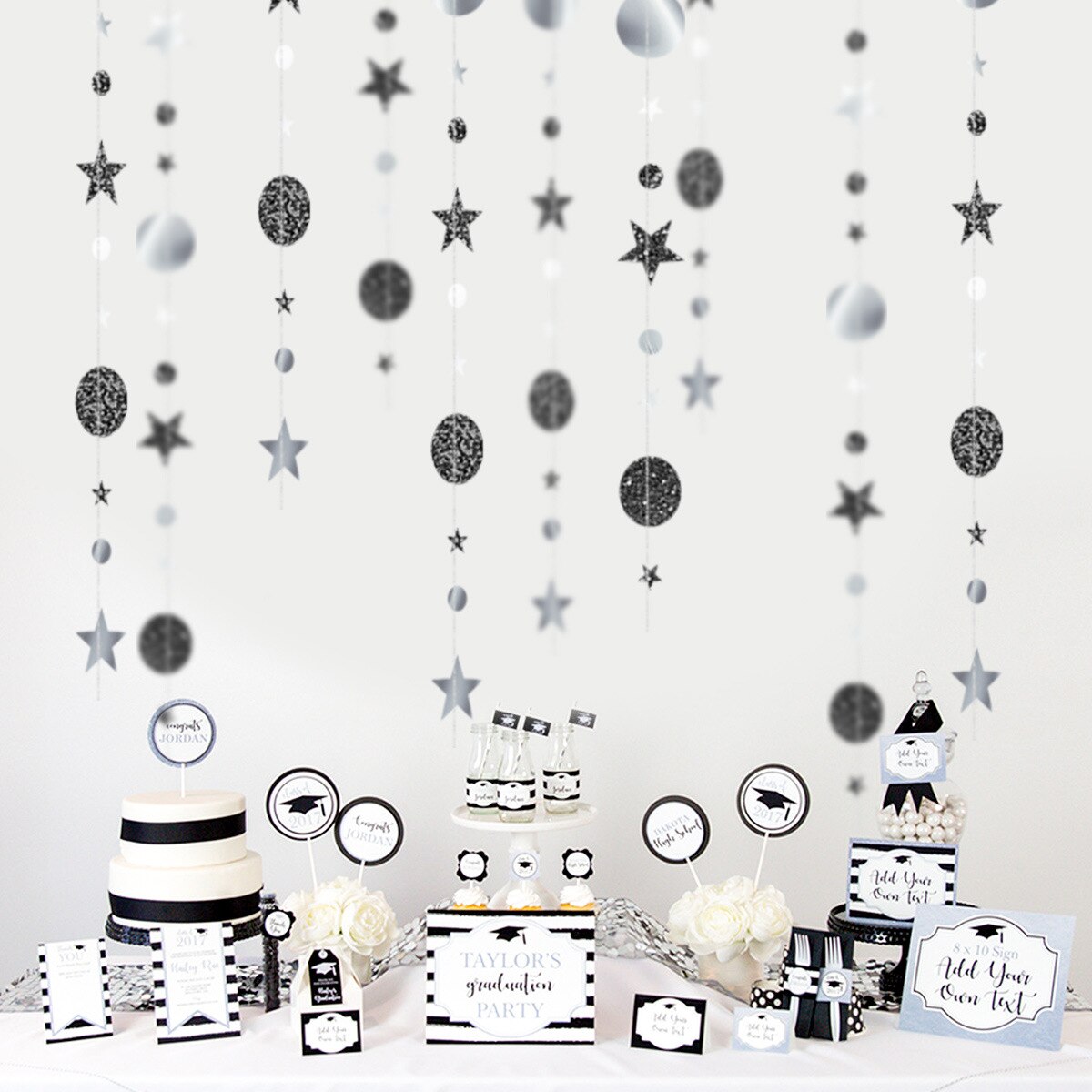 Guirlande pendante en chaîne en papier, 4m, pour décorations de mariage, décorations pour réceptionniste, fête prénatale, anniversaire, noël: Black and Silver
