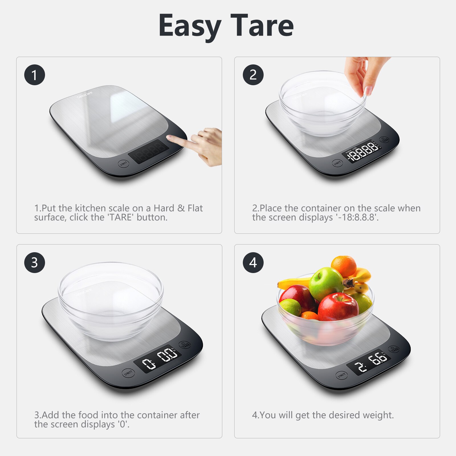 Sinocare Food Scale, Accurate Stainless Steel Kitchen Scales Digital Weight Grams and OZ, Multifunction Digital Food Scales