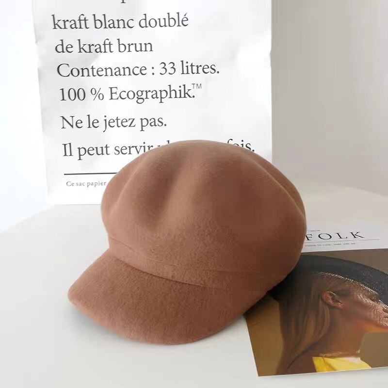 Tomkhu 100%  ullfilt vinter hestelue fast varmere kvinner beanies lokk klassisk fransk stil beret femme beanies damer lokk: kaki