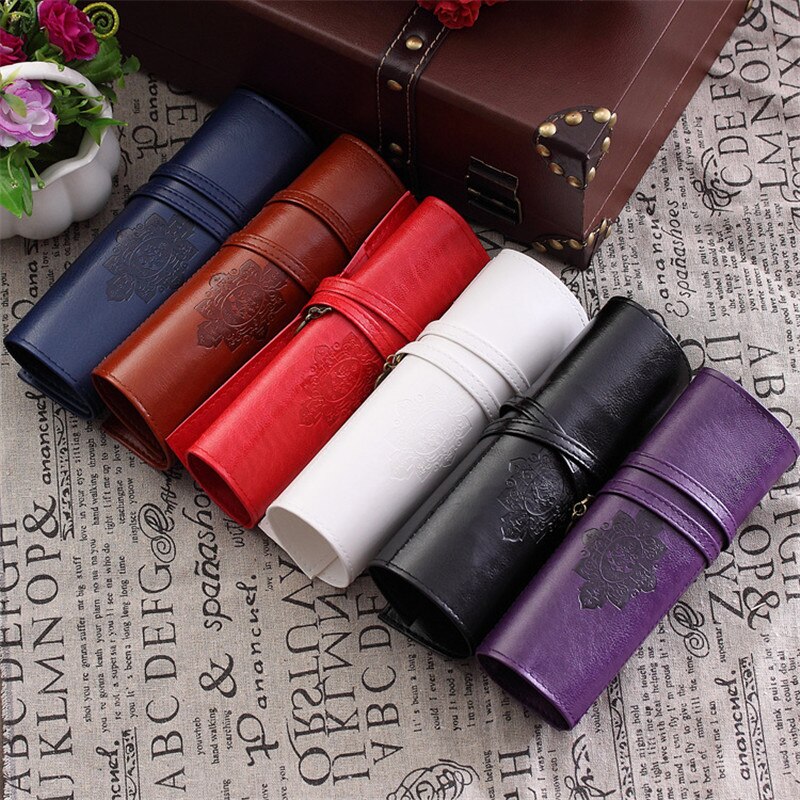 Vintage Roll PU Leather Pencil Case Twilight Pen Pouch Student Stationery Woman Cosmetic Storage Bag Pencilcase