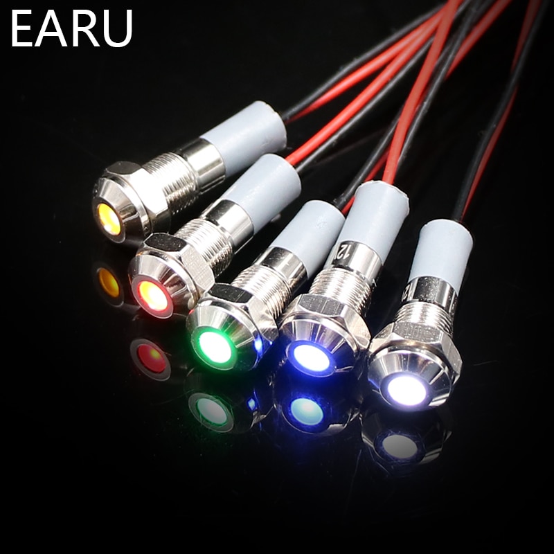 6mm IP67 Waterproof LED Metal Warning Indicator Light Pilot Signal Lamp + wire 3V 5V 6V 12V 24V 110V 220v Red Yellow Blue Green