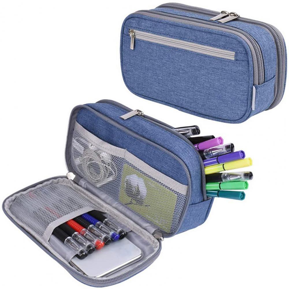 Pen Bag Waterproof Easy to Grasp Canvas Three-layer Pencil Case for School