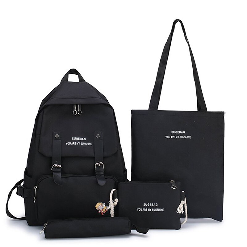 4 peça conjunto de alta escola sacos para meninas adolescentes 2020 lona mochila de viagem das mulheres bookbags estudante adolescente mochila bolsas: Black