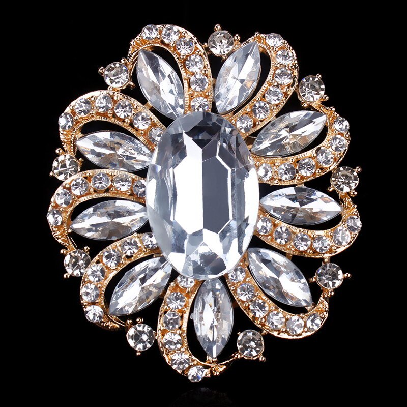 Fabriek Directe Verkoop Klassieke Kristallen Steentjes en Grote Ovale Acryl Bloem Broche Pins voor Vrouwen in Diverse Kleuren: Clear and GOLD