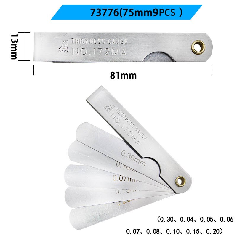 Shinwa følermåler gap linjal rustfritt stål tykkmåler tykkelsesmåler høy presisjon 0.02-1.0mm 75mm 9 stk