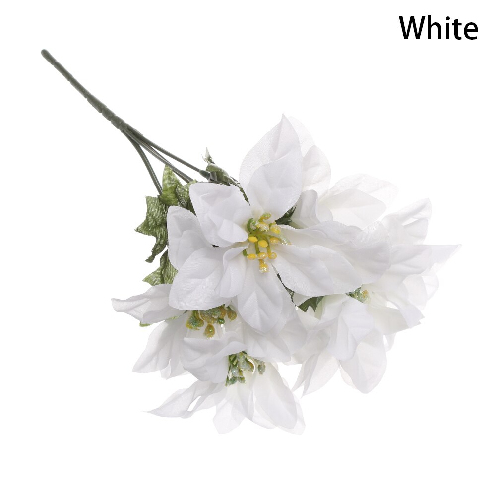7 Heads/bunch Artificial Christmas Flowers Real Touch Flannel Red Poinsettia Bushes Bouquets Xmas Tree Ornaments Centerpiece: White