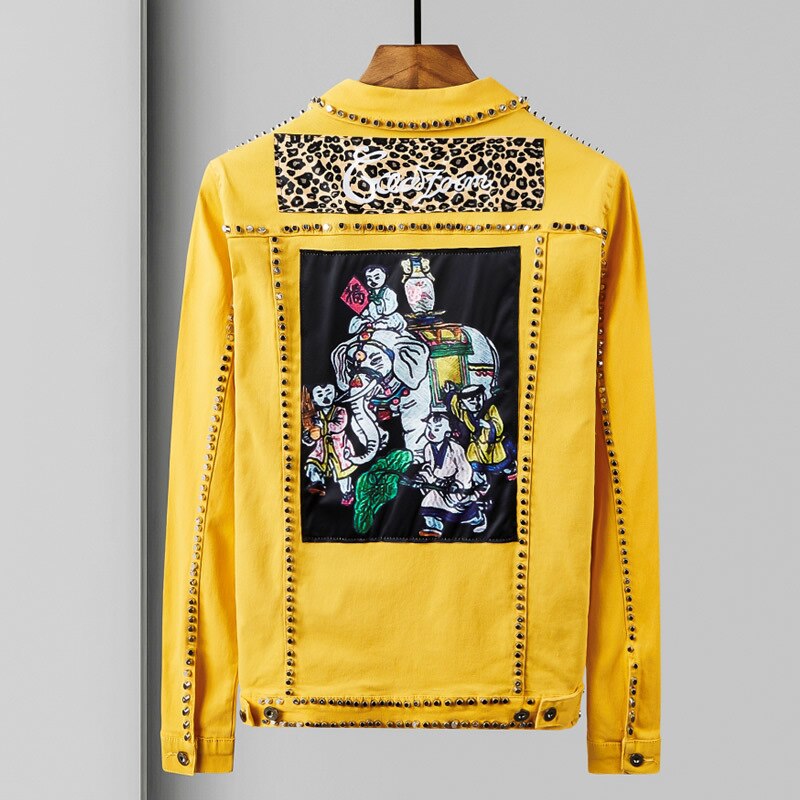 Chaqueta vaquera de leopardo para hombre, ropa informal con de varias telas, remaches Punk, prendas de vestir, estilo Hip Hop,
