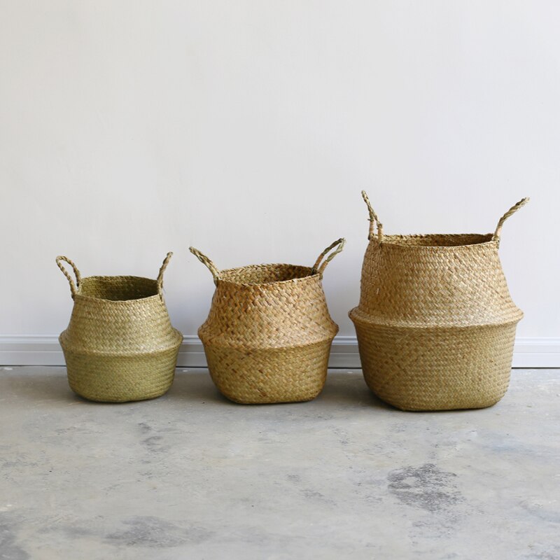 Seagrass Wickerwork Basket Foldable Flower Pots Planter Woven Dirty Laundry Baskets Hamper Fruit Toys Storage Basket Home Decor