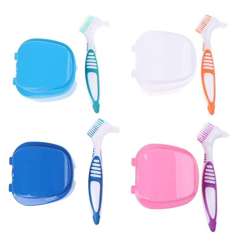 1set Denture Box And Brush Retainer Cleanning Denture Case Multi-Layered Bristle False Teeth Brush (1*Denture Case+1Teeth Brush)
