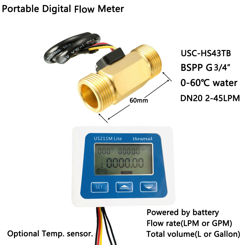 Digital Flow Meter US211M Lite and Brass USC-HS43TB 2-45L/min Flow Sensor: Whole Set