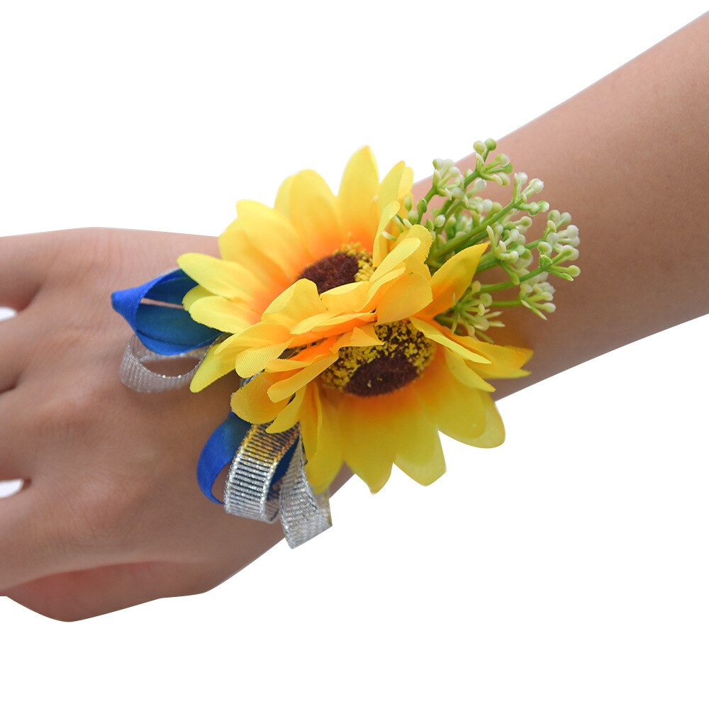 JaneVini – Bouquet de mariée tournesol jaune, fausses fleurs, feuilles vertes, roses artificielles, broches de mariée,: Wrist Flower Blue