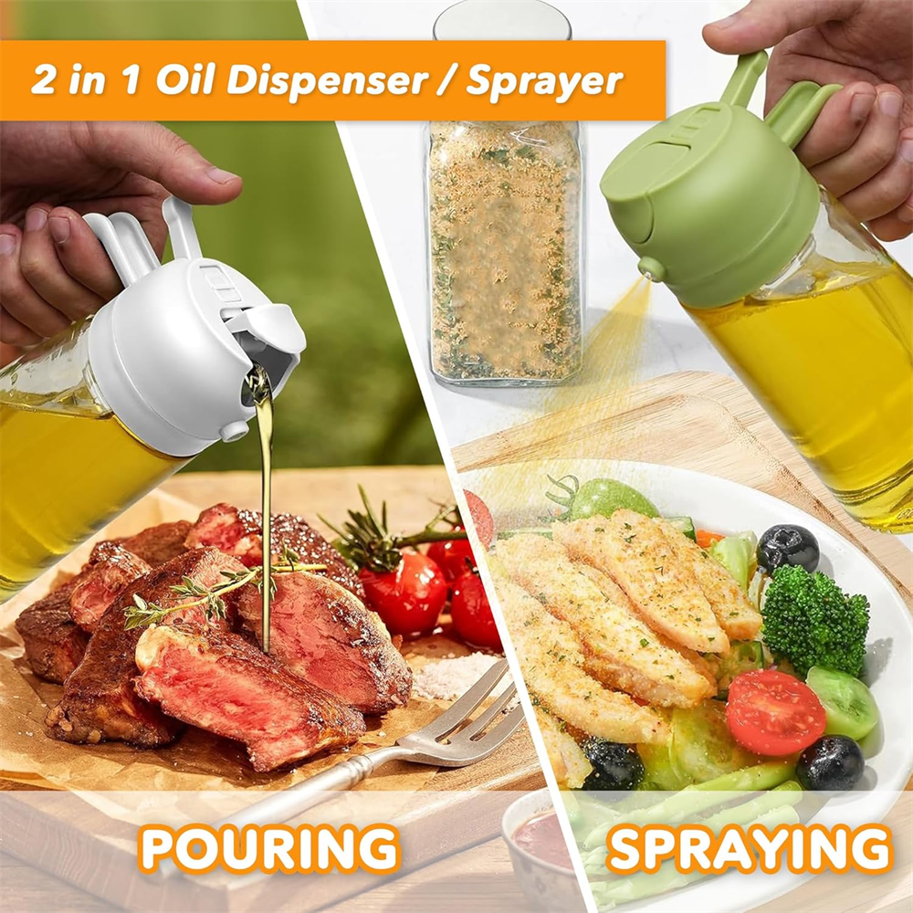 2- i -1 glasoliedispenser og sprøjte, oliesprøjteflaske med luft til frituregryde, grill, salat, ,17oz/470ml glasoliesprøjte til madlavning