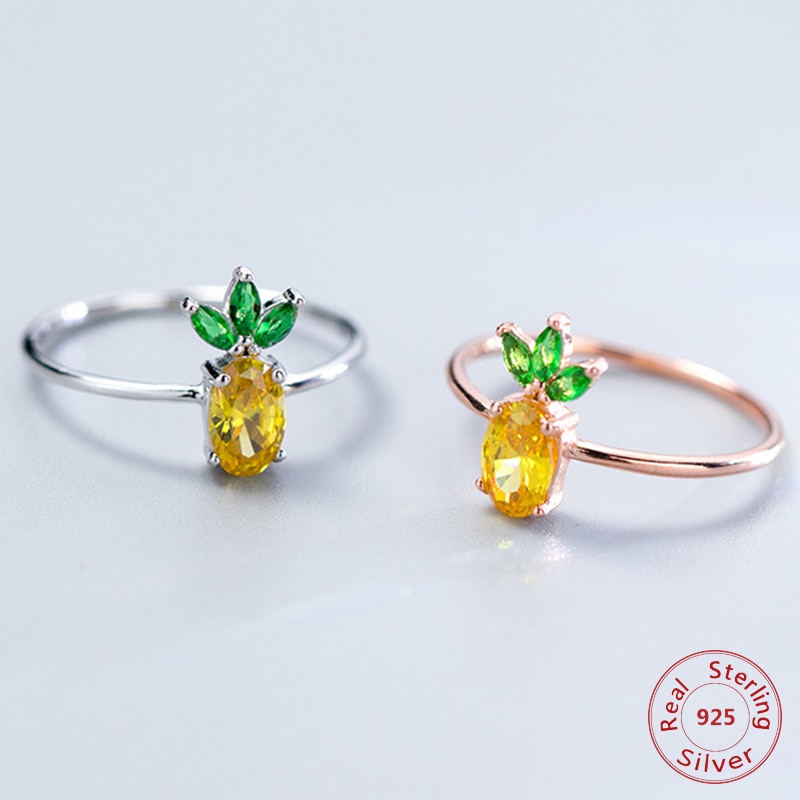 Punk nourriture fruits ananas anneau pour les femmes fête d'anniversaire charme 925 en argent Sterling cristal strass bijoux de
