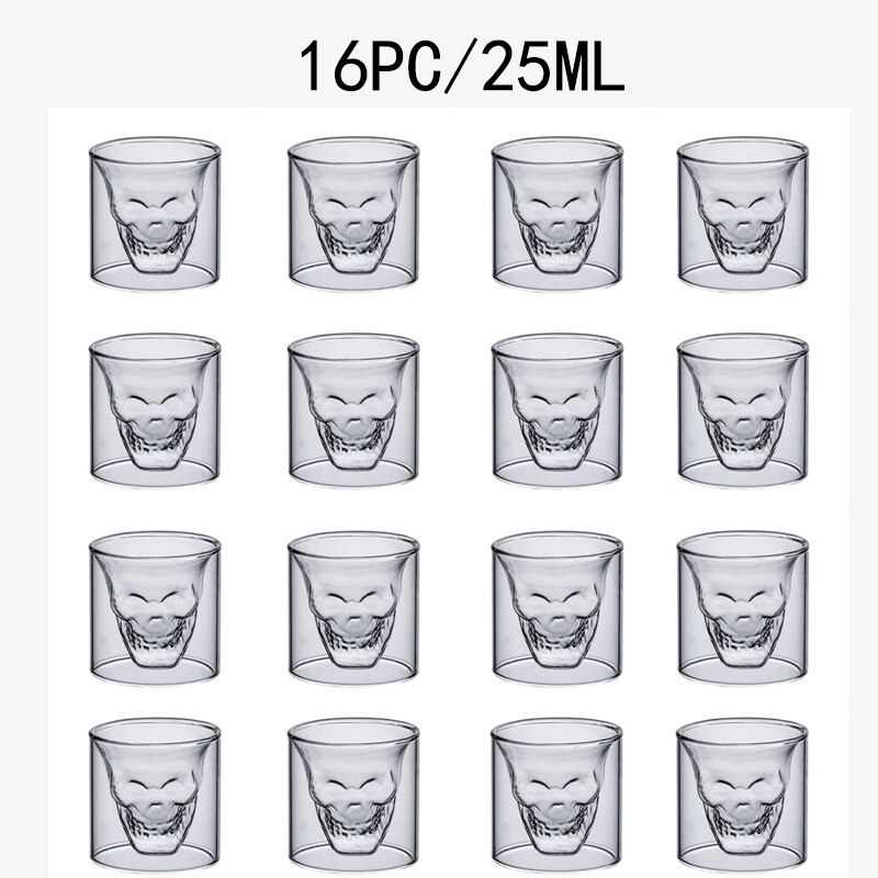 2-16 PCS skull cup 25 ml beer glass of whisky vodka double transparent champagne cocktail glass coffee cup of milk wine glasses: 16PC skull cup 25ML