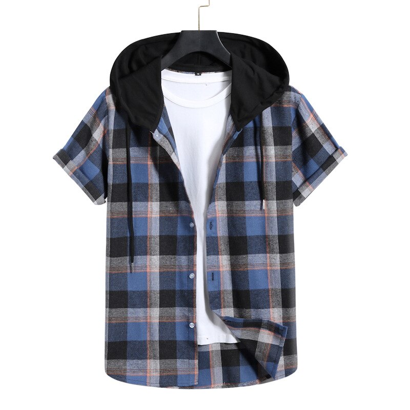 Summer men's short-sleeved shirt youth cardigan casual loose check short-sleeved shirt with cap: XXL