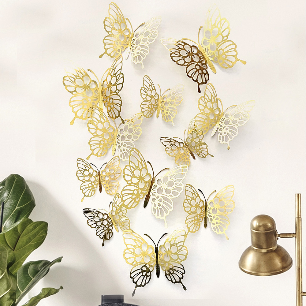 12 Pcs Gold 3D Hollow Butterfly Wall Sticker For Wedding Decoration Decals Living Room Home Decor Butterflies Garden Stickers: ROSE